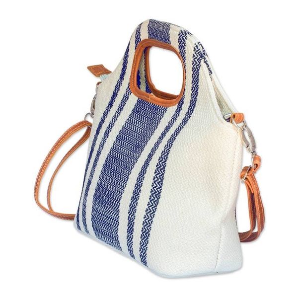 Alternate image for Woven Cotton Sling Handle Bag with Removable Leather Strap Dual Charm