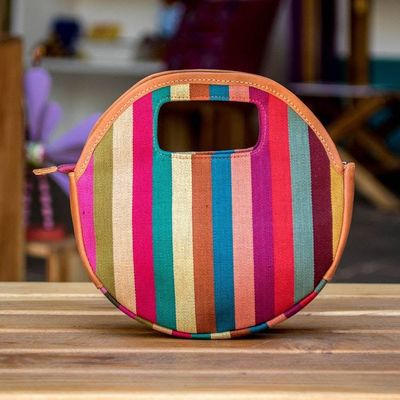 Alternate image for Leather-Accented Striped Cotton Handbag in Purple and Orange Ode to Rainbow