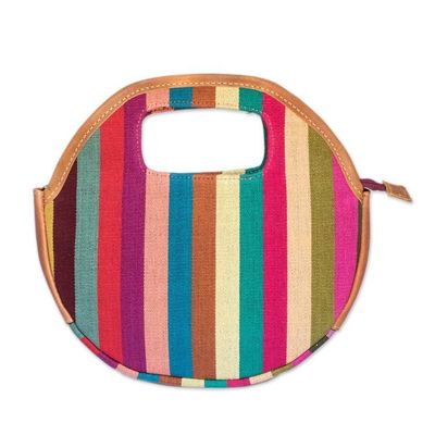 Alternate image for Leather-Accented Striped Cotton Handbag in Purple and Orange Ode to Rainbow