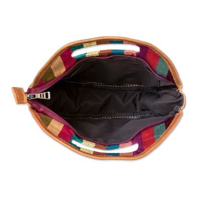 Alternate image for Leather-Accented Striped Cotton Handbag in Purple and Orange Ode to Rainbow