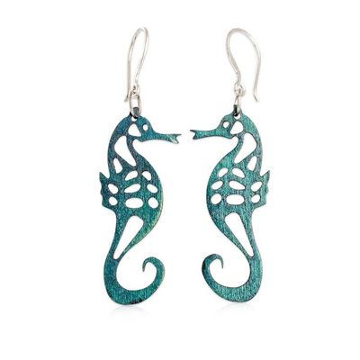 Alternate image for Eco-Friendly Openwork Teal Reclaimed Wood Seahorse Earrings Teal Seahorse Spell
