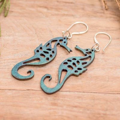 Alternate image for Eco-Friendly Openwork Teal Reclaimed Wood Seahorse Earrings Teal Seahorse Spell