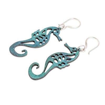 Alternate image for Eco-Friendly Openwork Teal Reclaimed Wood Seahorse Earrings Teal Seahorse Spell