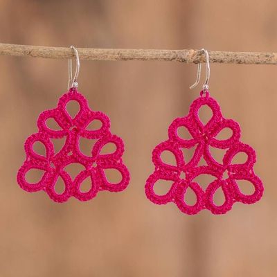 Alternate image for Hand-Tatted Dangle Earrings in Fuchsia Crafted in Guatemala Petal Essence in Fuchsia