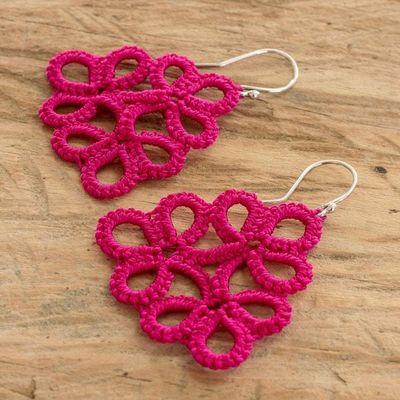Alternate image for Hand-Tatted Dangle Earrings in Fuchsia Crafted in Guatemala Petal Essence in Fuchsia