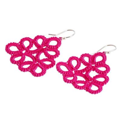 Alternate image for Hand-Tatted Dangle Earrings in Fuchsia Crafted in Guatemala Petal Essence in Fuchsia