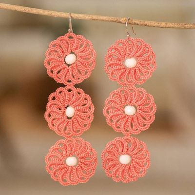 Alternate image for Guatemalan Hand-Tatted Floral Dangle Earrings in Salmon Salmon Paradise