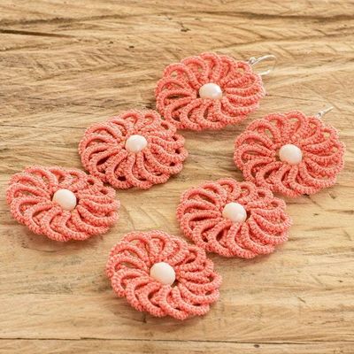 Alternate image for Guatemalan Hand-Tatted Floral Dangle Earrings in Salmon Salmon Paradise