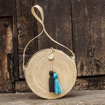Primary image for Palm Fiber Woven Circular Tote Bag with Tassels Nicaraguan Tote