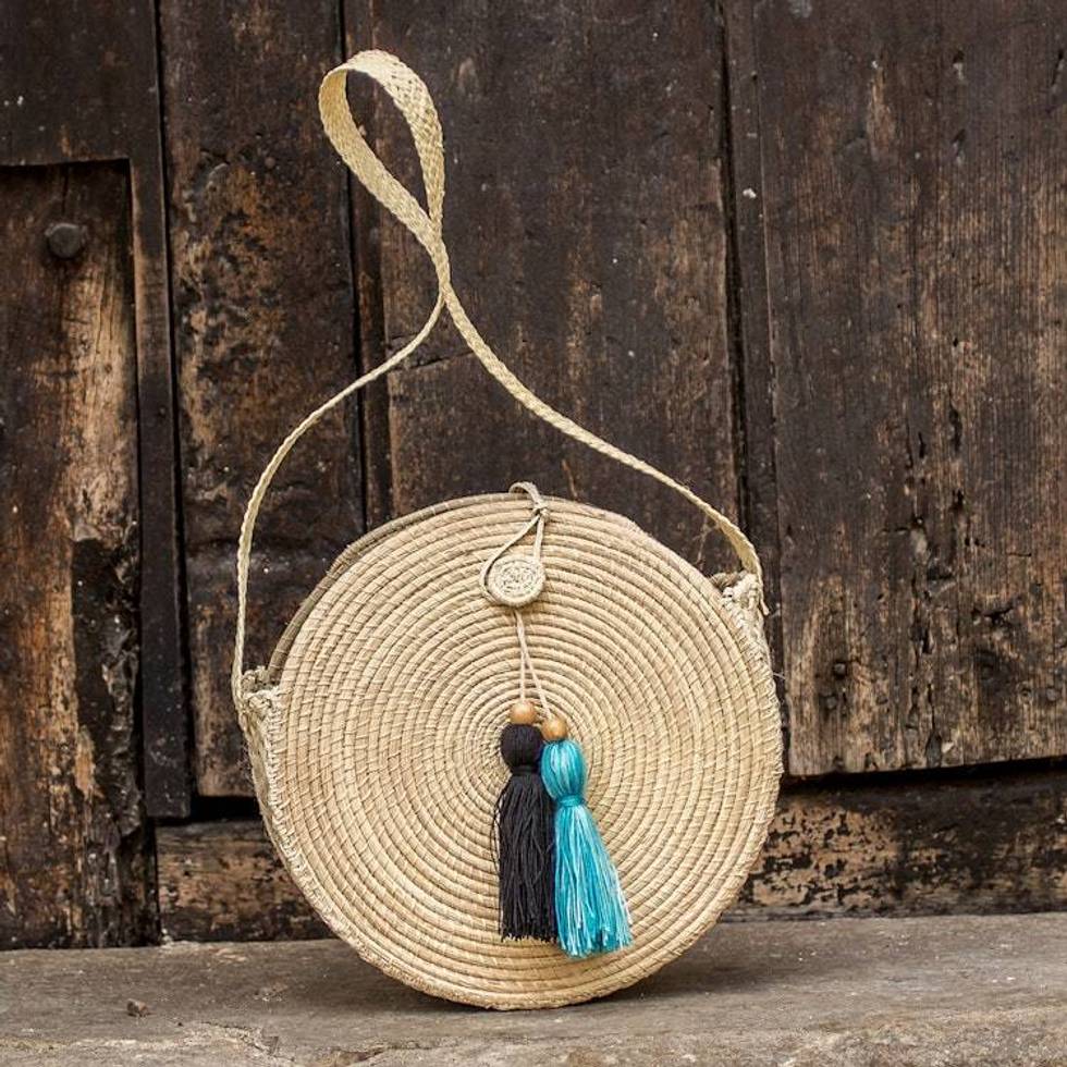 Palm Fiber Woven Circular Tote Bag with Tassels 'Nicaraguan Tote'