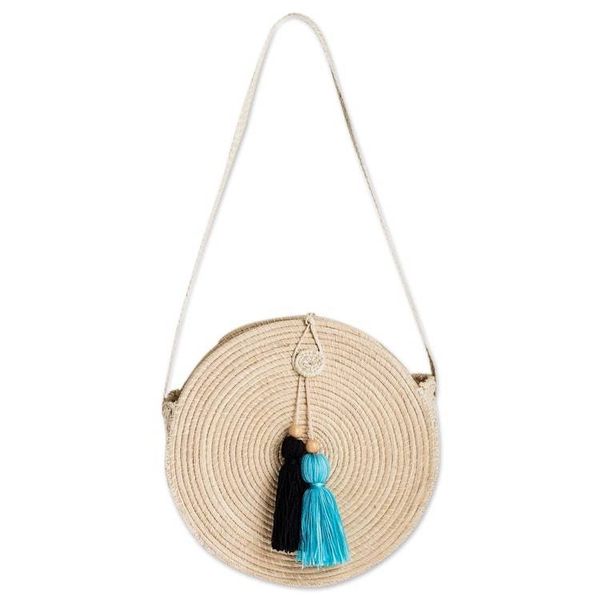 Alternate image for Palm Fiber Woven Circular Tote Bag with Tassels Nicaraguan Tote