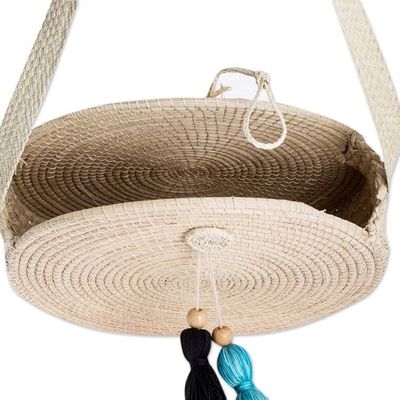 Alternate image for Palm Fiber Woven Circular Tote Bag with Tassels Nicaraguan Tote