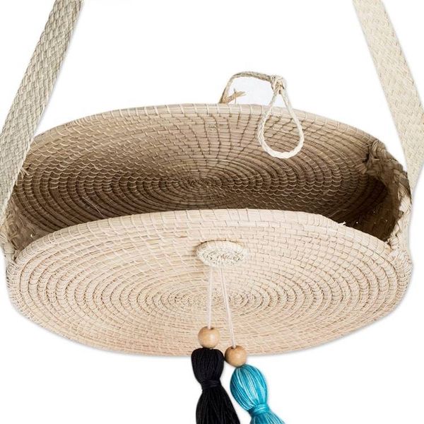 Alternate image for Palm Fiber Woven Circular Tote Bag with Tassels Nicaraguan Tote