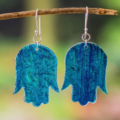 Alternate image for Recycled CD Hamsa Symbol Dangle Earrings with Silver Hooks Good Luck Amulet