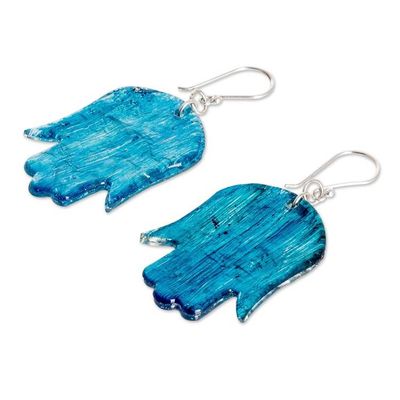 Alternate image for Recycled CD Hamsa Symbol Dangle Earrings with Silver Hooks Good Luck Amulet