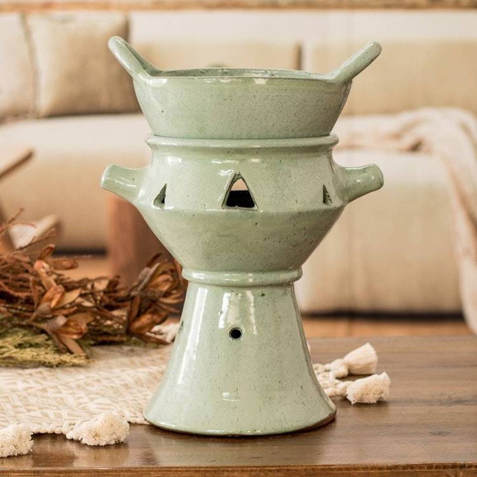 Handcrafted Large Green Ceramic Fondue Pot from Honduras 'Explosion of Flavor'
