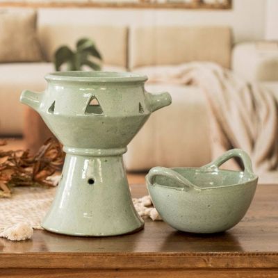Alternate image for Handcrafted Large Green Ceramic Fondue Pot from Honduras Explosion of Flavor
