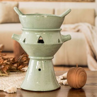 Alternate image for Handcrafted Large Green Ceramic Fondue Pot from Honduras Explosion of Flavor