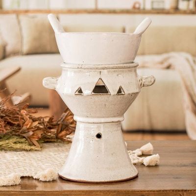 Alternate image for Handcrafted Ceramic Fondue Pot in Ivory Shade from Honduras Explosion of Flavor in Ivory