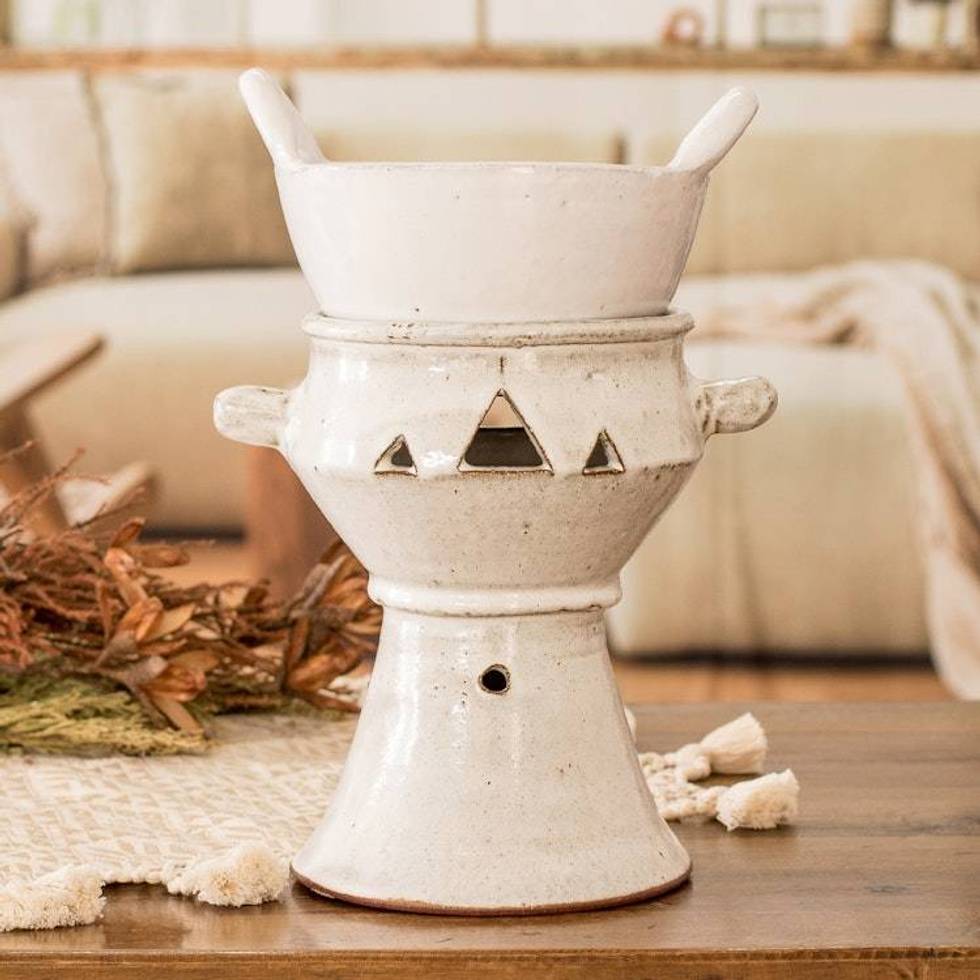 Handcrafted Ceramic Fondue Pot in Ivory Shade from Honduras 'Explosion of Flavor in Ivory'