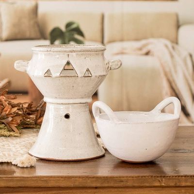 Alternate image for Handcrafted Ceramic Fondue Pot in Ivory Shade from Honduras Explosion of Flavor in Ivory