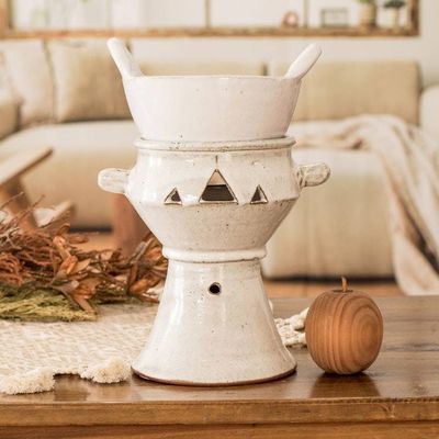 Alternate image for Handcrafted Ceramic Fondue Pot in Ivory Shade from Honduras Explosion of Flavor in Ivory