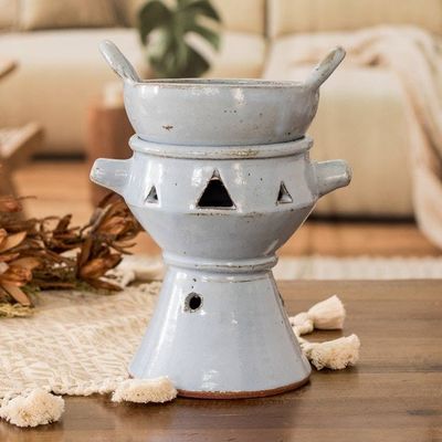 Primary image for Handcrafted Ceramic Fondue Pot in Light Blue from Honduras Sky Blue Explosion of Flavor