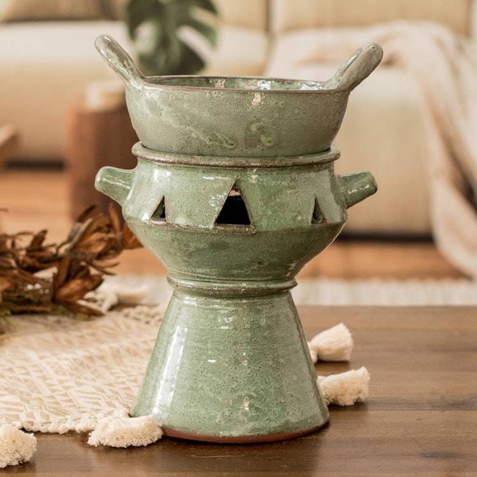 Handcrafted Ceramic Fondue Pot in Green Shade from Honduras 'Explosion of Flavor in Green'
