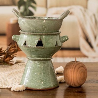 Alternate image for Handcrafted Ceramic Fondue Pot in Green Shade from Honduras Explosion of Flavor in Green