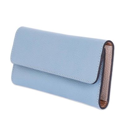 Alternate image for Sky Blue Leather Tri Fold Wallet With Snap Closure Salvadoran Blue