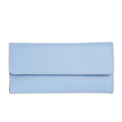 Alternate image for Sky Blue Leather Tri Fold Wallet With Snap Closure Salvadoran Blue