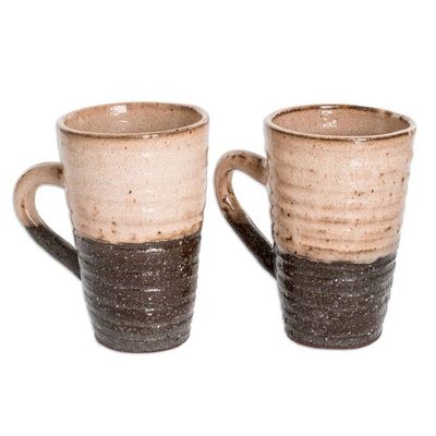 Alternate image for Handcrafted Ceramic Mugs in Ivory and Dark Brown Pair Tender Flavor