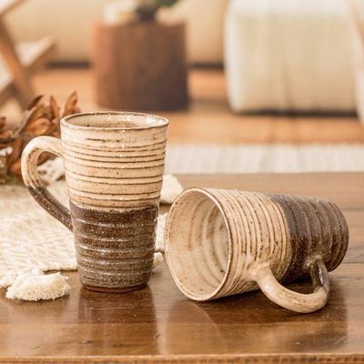 Alternate image for Traditionally Crafted Ceramic Mugs in Ivory and Brown Pair Authentic Flavor