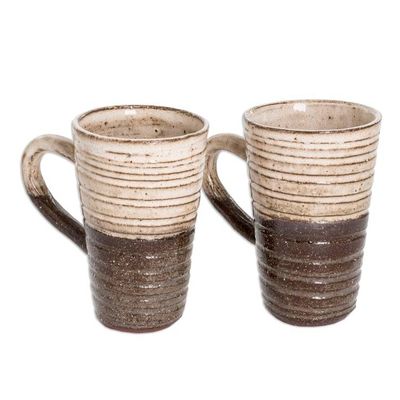 Alternate image for Traditionally Crafted Ceramic Mugs in Ivory and Brown Pair Authentic Flavor