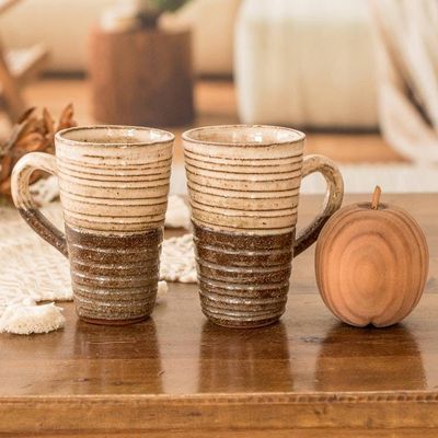 Alternate image for Traditionally Crafted Ceramic Mugs in Ivory and Brown Pair Authentic Flavor