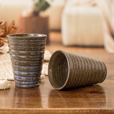 Alternate image for Two Brown and Blue Ceramic Cups with Antique Finish Sweetness and Flavor
