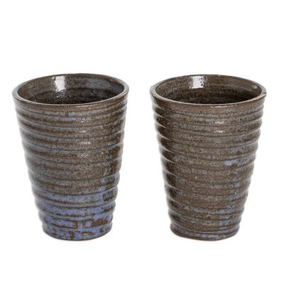 Alternate image for Two Brown and Blue Ceramic Cups with Antique Finish Sweetness and Flavor