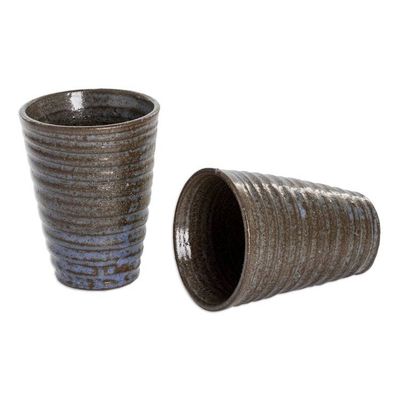 Alternate image for Two Brown and Blue Ceramic Cups with Antique Finish Sweetness and Flavor