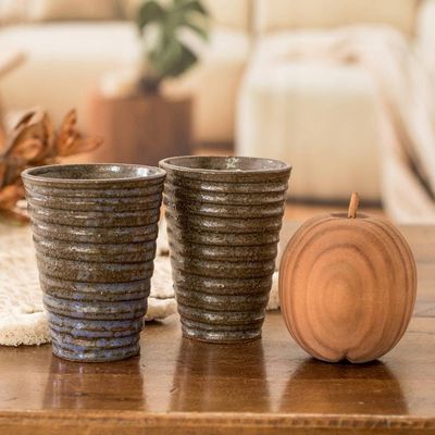 Alternate image for Two Brown and Blue Ceramic Cups with Antique Finish Sweetness and Flavor