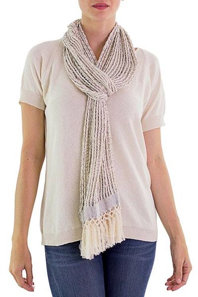 Alternate image for Hand Woven Recycled Cotton Scarf Champagne from Guatemala Subtle Illusion