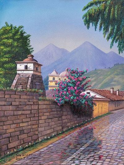 Alternate image for Oil Realist Painting of Las Animas Street in Guatemala Las Animas Street IV