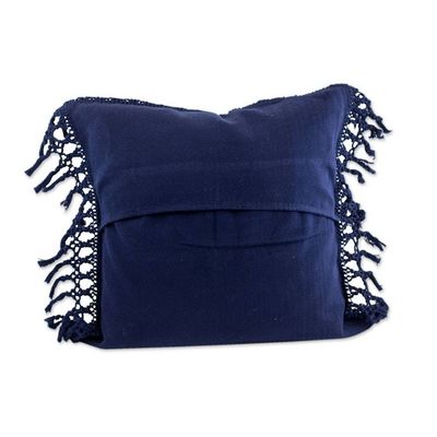 Alternate image for Navy Blue Hand Woven Cotton Cushion Cover with Rayon Trim Weaving Blue Paths