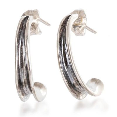 Alternate image for Silver Half-Hoop Earrings with Darkened and Polished Finish Classic Essence