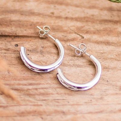 Alternate image for Silver Half-Hoop Earrings with Darkened and Polished Finish Classic Essence
