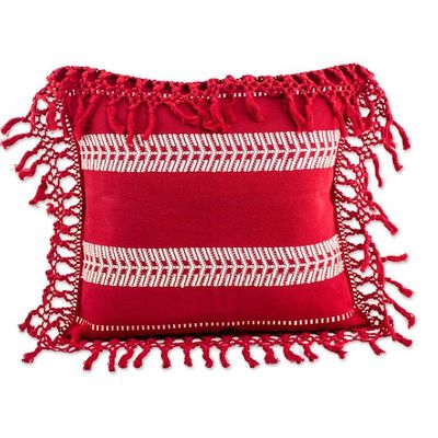 Alternate image for White on Red Artisan Crafted Cotton Cushion Cover Weaving Red Paths