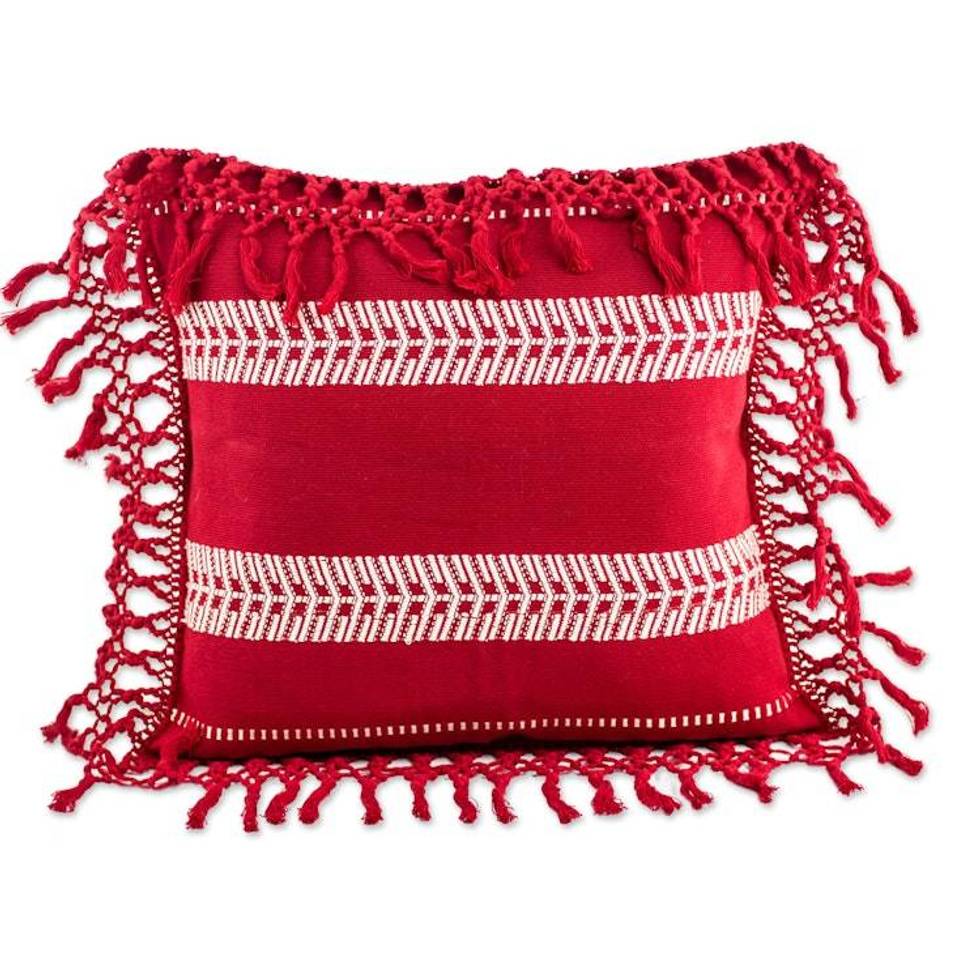 White on Red Artisan Crafted Cotton Cushion Cover 'Weaving Red Paths'