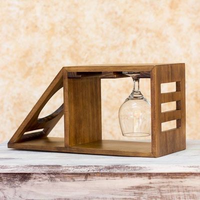 Alternate image for Artisan Crafted Wood Holder for Wine Bottle and Glasses Organic Minimalism