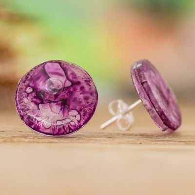 Alternate image for Handmade Purple Recycled CD Stud Earrings with Silver Posts Purple Translucent Illusion