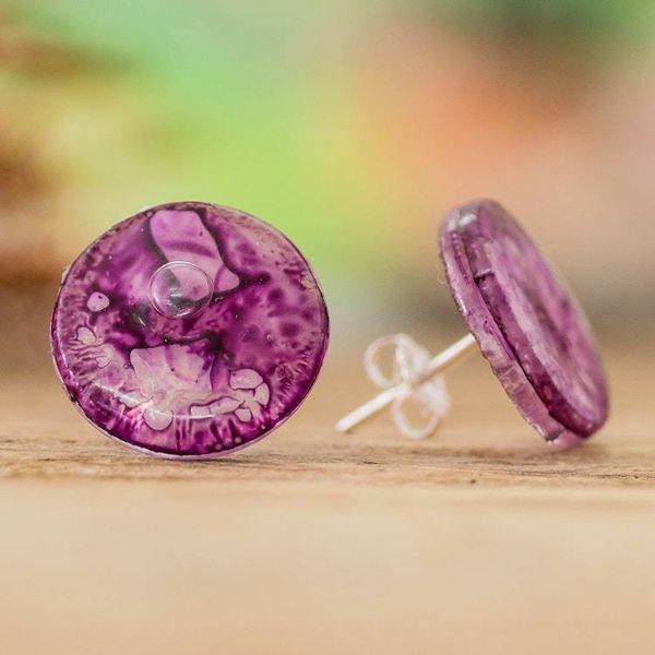 Alternate image for Handmade Purple Recycled CD Stud Earrings with Silver Posts Purple Translucent Illusion