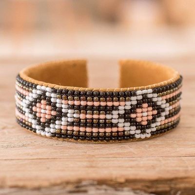 Alternate image for Black and Pink Glass Beaded Cuff Bracelet with Leather Timeless Diamonds